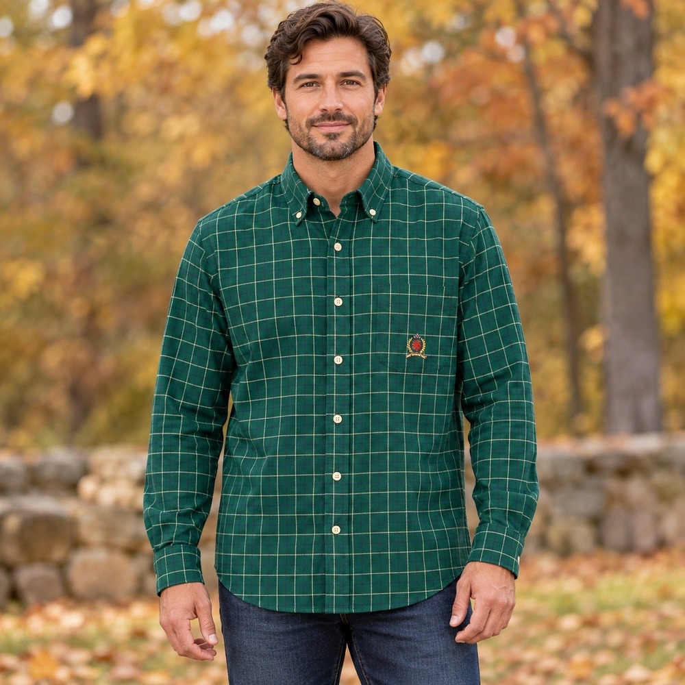Tommy Hilfiger Mens XL Green White Windowpane Plaid Cotton Button Down Shirt